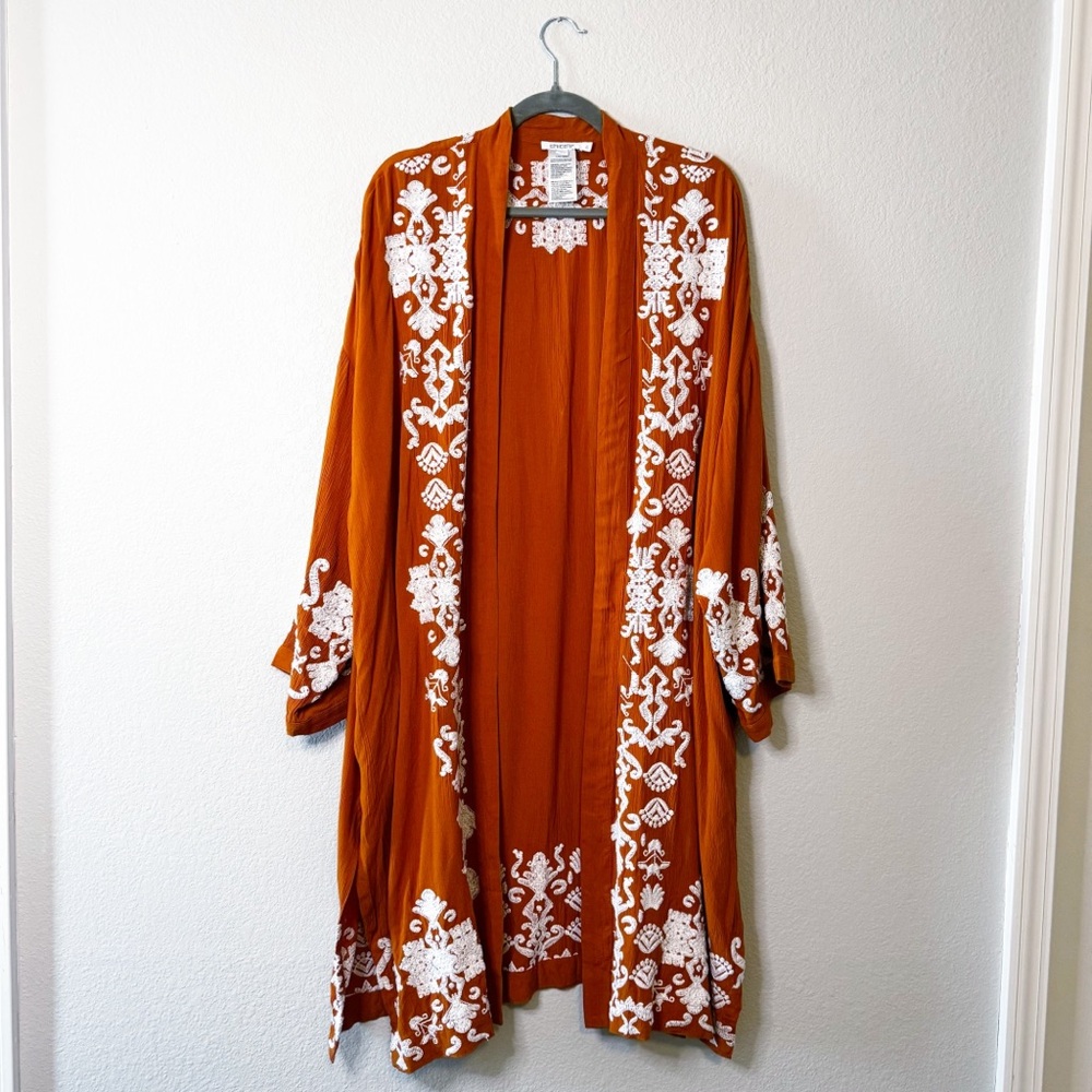 Chico's Embroidered Drama Kimono Top Burnished Clay Size L/XL - Picture 2 of 13